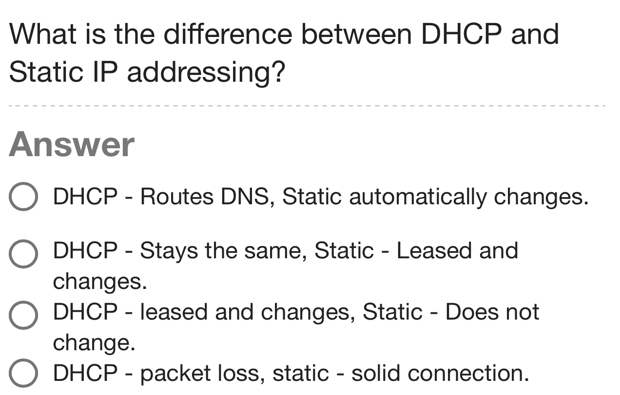 Solved: What is the difference between DHCP and Static IP addressing ...