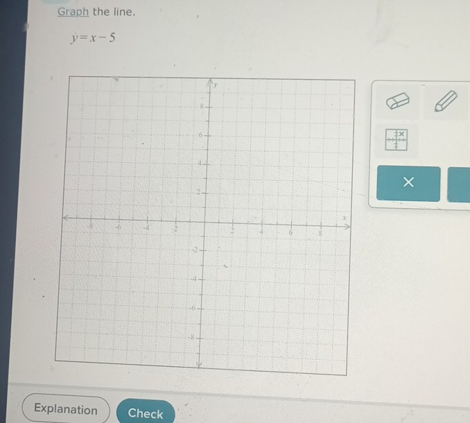 Graph the line.
y=x-5
× 
Explanation Check