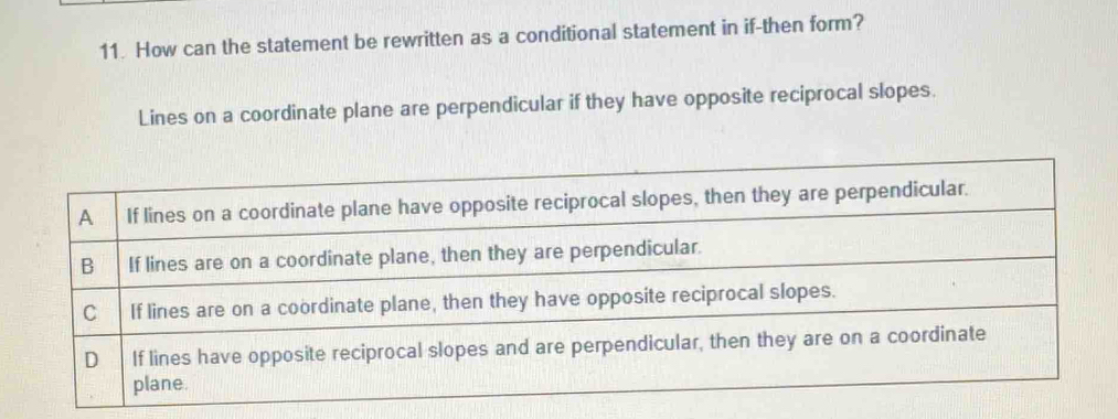 How can the statement be rewritten as a conditional statement in if-then form? 
Lines on a coordinate plane are perpendicular if they have opposite reciprocal slopes.