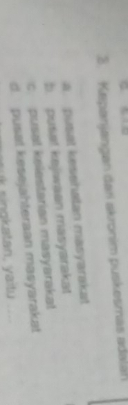 Kepanjangan dari akronim puskesmäs adalah
a pusat kesshalan masyarakat
b. puse! kejiwaen masyarakat
c. pusat kelestarian masyarakat
d. pusat kesejahteraan masyarakat
a tan , y a u __-