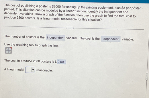 The cost of publishing a poster is $2000 for setting up the printing equipment, plus $3 per poster 
printed. This situation can be modeled by a linear function. Identify the independent and 
dependent variables. Draw a graph of the function, then use the graph to find the total cost to 
produce 2500 posters. Is a linear model reasonable for this situation? 
The number of posters is the independent variable. The cost is the dependent variable. 
Use the graphing tool to graph the line. 
The cost to produce 2500 posters is $ 9,500. 
A linear model reasonable.