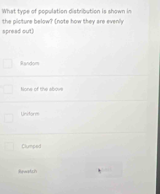 What type of population distribution is shown in
the picture below? (note how they are evenly
spread out)
Random
None of the above
Uniform
Clumped
Rewatch
