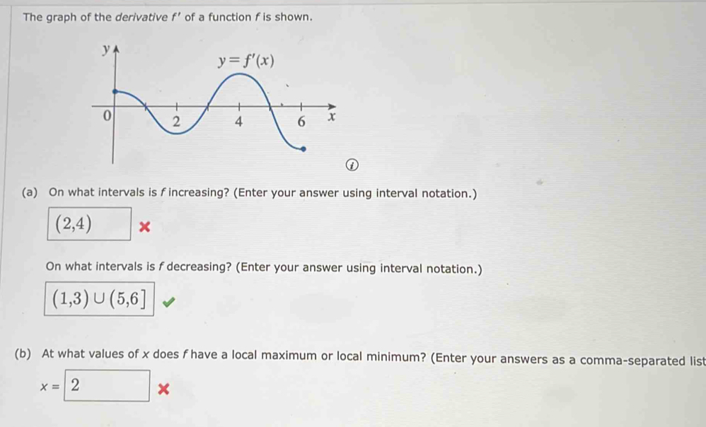 The graph of the derivative f' of a function f is shown.
(a) On what intervals is f increasing? (Enter your answer using interval notation.)
(2,4) x
On what intervals is f decreasing? (Enter your answer using interval notation.)
(1,3)∪ (5,6]
(b) At what values of x does f have a local maximum or local minimum? (Enter your answers as a comma-separated list
x= 2*