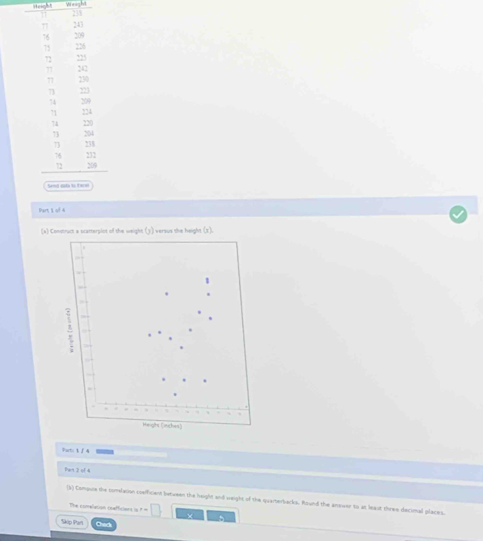 Height Weight 
Part 1 of 4 
(a) Construct a scatterplot of the weight (y) versus the height (X). 
Part: 1 / 4 
Part 2 of 4 
(b) Compute the correlation coefficient between the height and weight of the quarterbacks. Round the answer to at least three decimal places. 
The correlation coefficient is r=□
Skip Part Chock