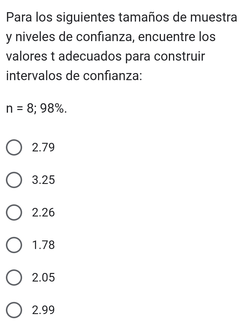 Para los siguientes tamaños de muestra
y niveles de confianza, encuentre los
valores t adecuados para construir
intervalos de confianza:
n=8;98%.
2.79
3.25
2.26
1.78
2.05
2.99