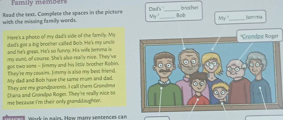 Family members 
brother 
Read the text. Complete the spaces in the picture Dad's '_ Bob 
My^2 _ Jemma 
with the missing family words.
My^3 _ 
Here's a photo of my dad's side of the family. My 
dad's got a big brother called Bob. He's my uncle 
and he's great. He's so funny. His wife Jemma is 
my aunt, of course. She's also really nice. They've 
got two sons - Jimmy and his little brother Robin. 
They’re my cousins. Jimmy is also my best friend. 
My dad and Bob have the same mum and dad. 
They are my grandparents. I call them Grandma 
Diana and Grandpa Roger. They're really nice to 
me because I'm their only granddaughter. 
Work in pairs. How many sentences can