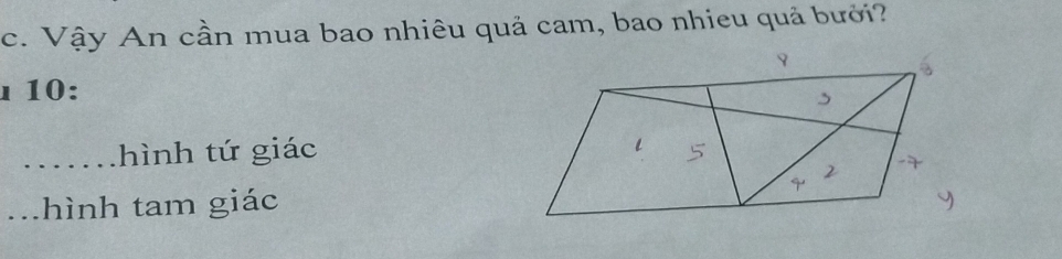 Vậy An cần mua bao nhiêu quả cam, bao nhieu quả bưởi? 
10: 
....... hình tứ giác 
.hình tam giác