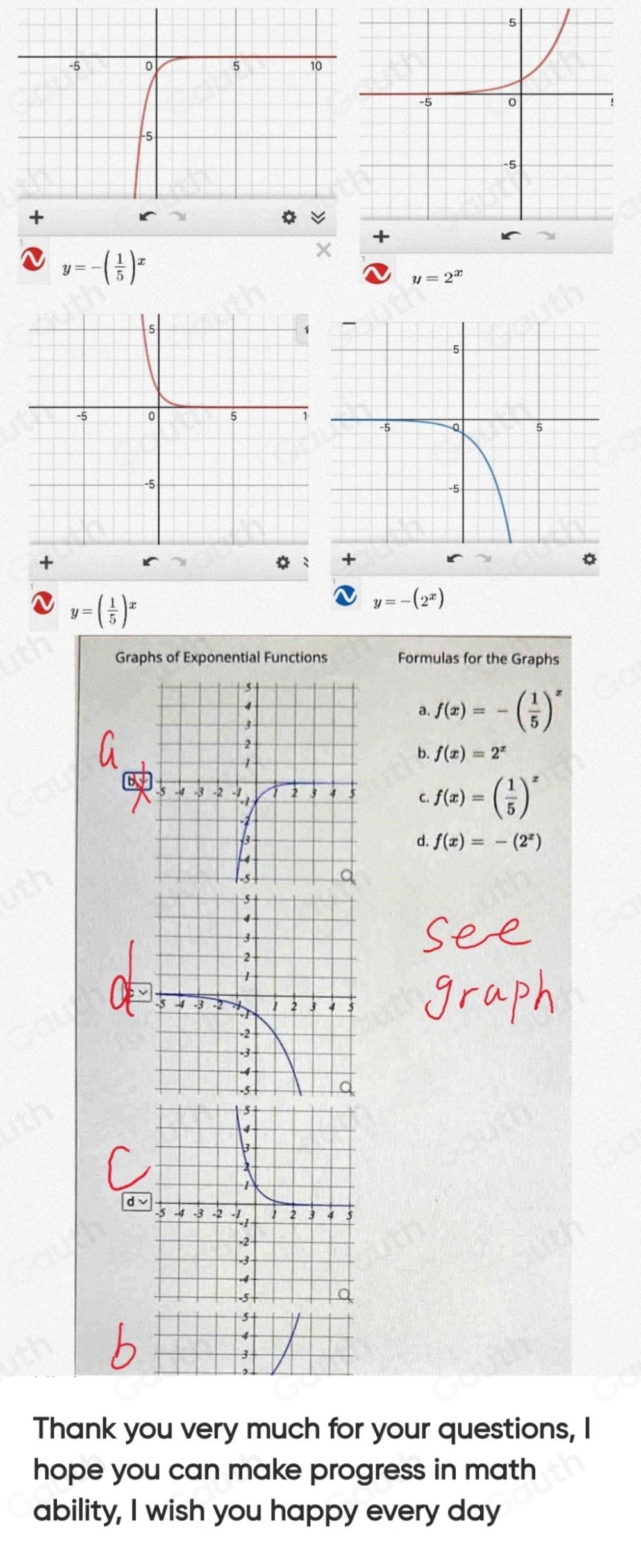 y=-( 1/5 )^x
y=2^x
y=( 1/5 )^x
y=-(2^x)
Graphs of Exponential Functions Formulas for the Graphs 
a. f(x)=-( 1/5 )^x
b. f(x)=2^x
5 C. f(x)=( 1/5 )^x
d f(x)=-(2^x)
Thank you very much for your questions, I 
hope you can make progress in math 
ability, I wish you happy every day