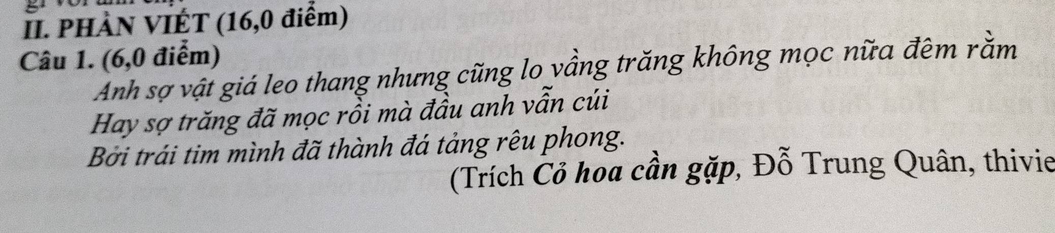 PHÀN VIÉT (16, 0 điểm) 
Câu 1. (6,0 điểm) 
Anh sợ vật giá leo thang nhưng cũng lo vầng trăng không mọc nữa đêm rằm 
Hay sợ trăng đã mọc rồi mà đầu anh vẫn cúi 
Bởi trái tim mình đã thành đá tảng rêu phong. 
(Trích Cỏ hoa cần gặp, Đỗ Trung Quân, thivie