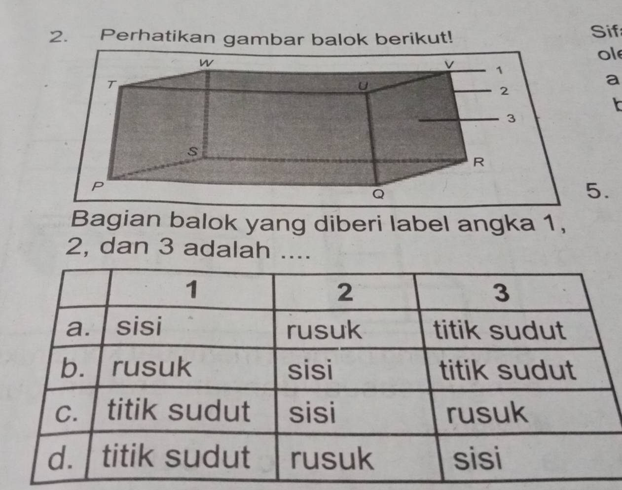 Perhatikan gambar balok berikut! Sif 
ol 
a 
t 
. 
Bagian balok yang diberi label angka 1,
2, dan 3 adalah ....