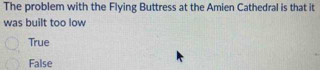 The problem with the Flying Buttress at the Amien Cathedral is that it
was built too low
True
False