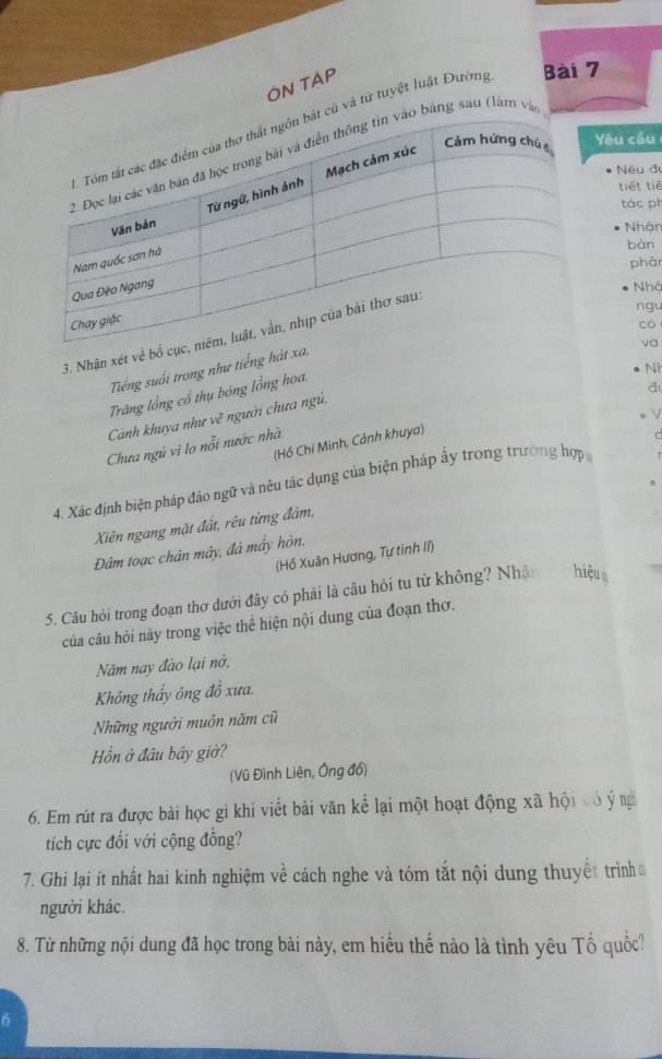 ÔN TÁP
ủ và tứ tuyệt luật Đường Bài 7
ng sau (làrn v
Nếu đị
Yêu cầu
tiết tiế
tác ph
Nhận
bàn
phán
Nhó
ngu
có
3. Nhận xét về b
Tiếng suối trong như tiếng hát x
d
Trăng lồng cổ thụ bóng lồng hoa.
Ni
Cảnh khuya như vẽ người chưa ngũ, và
V
(Hồ Chí Minh, Cảnh khuya)
Chưa ngủ vì lo nổi nước nhà
4. Xác định biện pháp đảo ngữ và nêu tác dụng của biện pháp ây trong trương hợp C
Xiên ngang mặt đất, rêu từng đám,
Đâm toạc chân mây, đá mấy hòn.
(Hồ Xuân Hương, Tự tình II)
5. Câu hỏi trong đoạn thơ dưới đây có phải là câu hỏi tu từ không? Nhận hiệu 
của câu hỏi này trong việc thể hiện nội dung của đoạn thơ.
Năm nay đào lại nở,
Không thấy ông đồ xưa.
Những người muôn năm cũ
Hồn ở đầu bây giờ?
(Vũ Đình Liên, Ông đồ)
6. Em rút ra được bài học gi khi viết bài văn kể lại một hoạt động xã hội có ý ng
tích cực đổi với cộng đồng?
7. Ghi lại ít nhất hai kinh nghiệm về cách nghe và tóm tắt nội dung thuyết trình
người khác.
8. Từ những nội dung đã học trong bài này, em hiểu thế nào là tình yêu Tổ quốc?