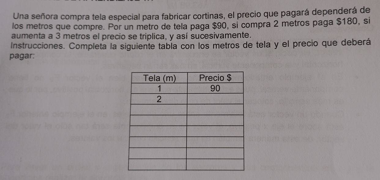 Una señora compra tela especial para fabricar cortinas, el precio que pagará dependerá de 
los metros que compre. Por un metro de tela paga $90, si compra 2 metros paga $180, si 
aumenta a 3 metros el precio se triplica, y así sucesivamente. 
Instrucciones. Completa la siguiente tabla con los metros de tela y el precio que deberá 
pagar: