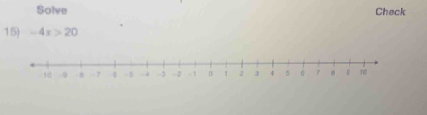 Solve Check 
15) -4x>20