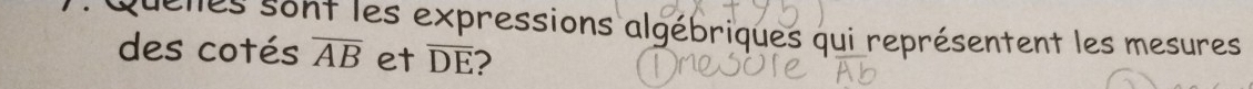 Quelles sont les expressions algébriques qui représentent les mesures 
des cotés overline AB et overline DE 2