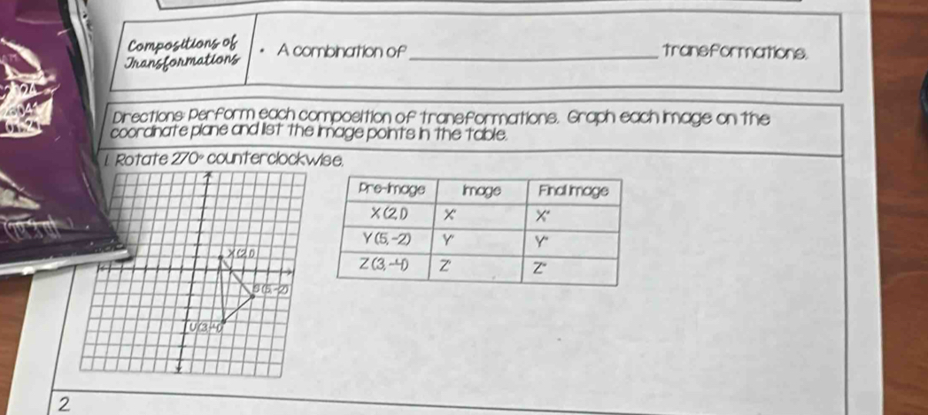 Compositions of
A combination of_ transformations.
Transformations
Directions: Perform each composition of transformations. Graph each image on the
coordinate plane and list the image points in the table.