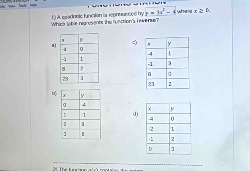 Sdt Vew Tools Help
1) A quadratic function is represented by y=3x^2-4 where x≥ 0. 
Which table represents the function's inverse?
c)
a)
b)
d)
2) The function a(x)