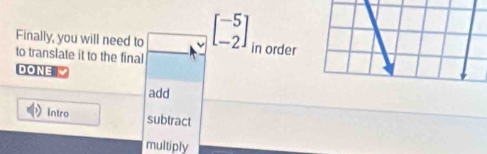 beginbmatrix -5 -2endbmatrix
Finally, you will need to in order 
to translate it to the final 
DONE 
add 
Intro subtract 
multiply