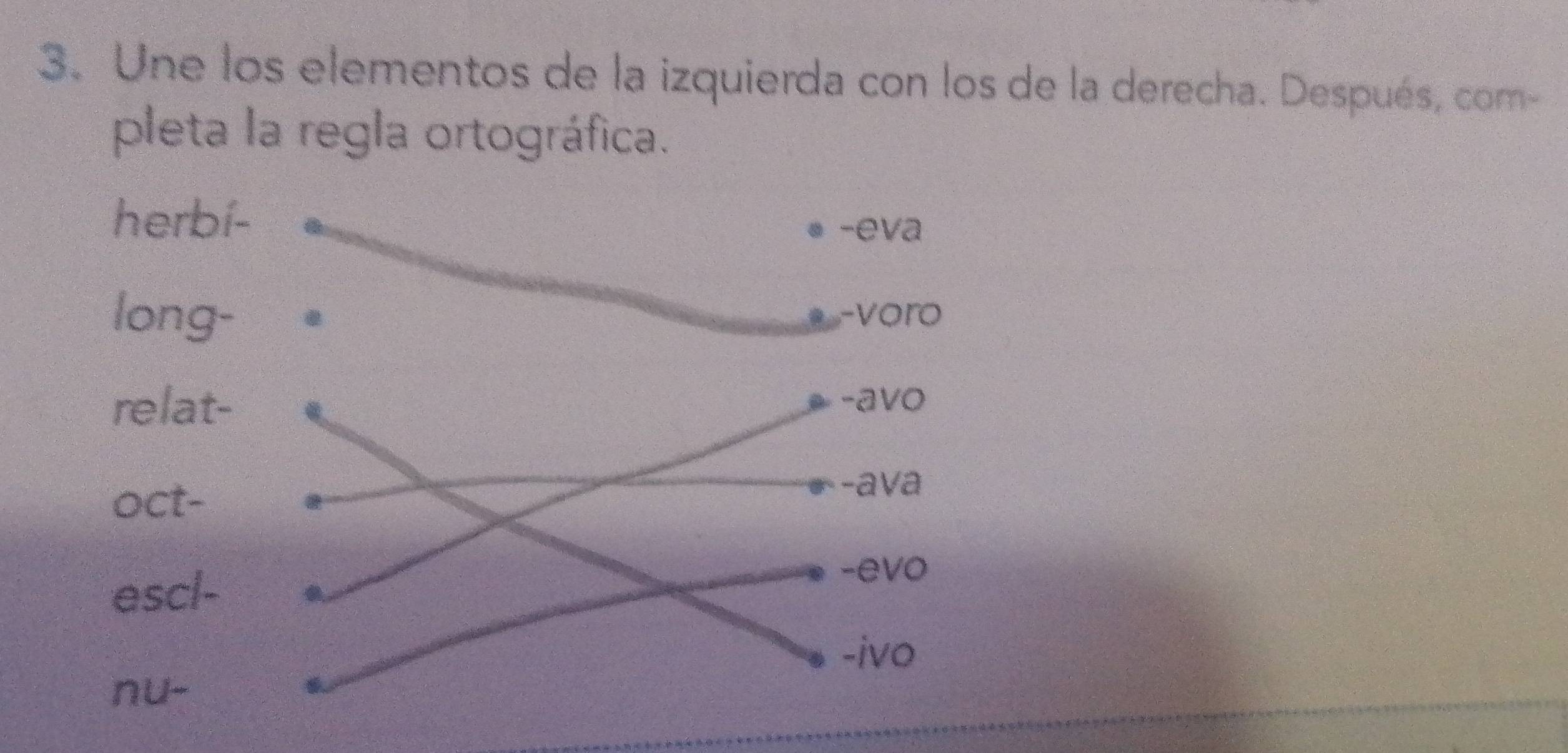 Une los elementos de la izquierda con los de la derecha. Después, com- 
pleta la regla ortográfica. 
herb 
long 
relat 
oct- 
escl- 
nu-