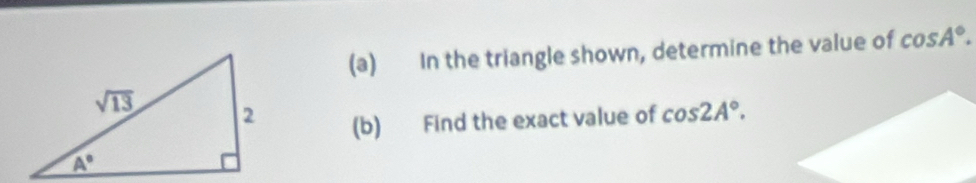 In the triangle shown, determine the value of cos A°.
(b) Find the exact value of cos 2A°.