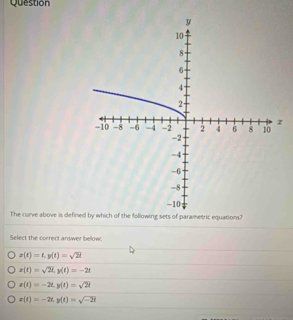 Question
The curve above is define by which of the following sets of parametric equations?
Select the correct answer below:
x(t)=t, y(t)=sqrt(2t)
x(t)=sqrt(2t), y(t)=-2t
x(t)=-2t, y(t)=sqrt(2t)
x(t)=-2t, y(t)=sqrt(-2t)