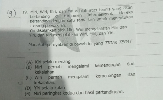 Miri, Wiri, Kiri, dan Yīri adalah atlet tennis yang akan_
bertanding di turnamen Internasional. Mereka
bertanding dengan satu sama lain untuk menentukan_
1 orang perwakilan.
_
Yiri dikalahkan oleh Mirì, Wiri mengałahkan Miri dan
Yiri, dan Kiri mengalahkan Wiri, Miri, dan Yiri.
Manakah pernyataan di bawah ini yang TIDAK TEPAT_
?
_
(A) Kiri selalu menang
(B) Miri pernah mengalami kemenangan dan_
kekalahan
(C) Wiri pernah mengalami kemenangan dan_
kekalahan.
(D) Yiri selalu kalah
(E) Miri peringkat kedua dari hasil pertandingan.