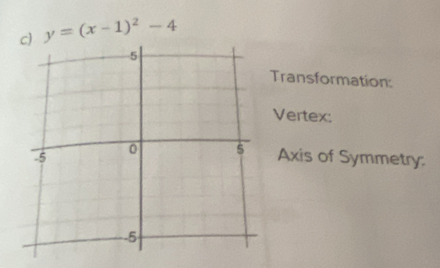 y=(x-1)^2-4
Transformation: 
Vertex: 
Axis of Symmetry: