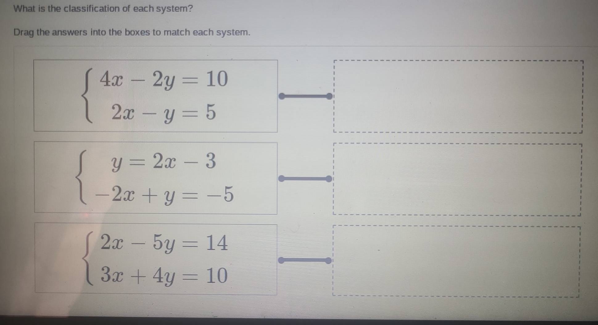 What is the classification of each system?
Drag the answers into the boxes to match each system.
beginarrayl 4x-2y=10 2x-y=5endarray.
beginarrayl y=2x-3 -2x+y=-5endarray.
beginarrayl 2x-5y=14 3x+4y=10endarray.