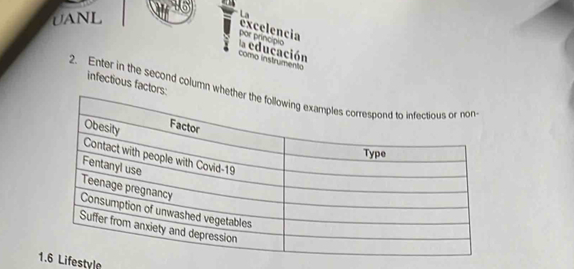 UANL La 
excelencia 
por principio 
la educación 
como instrumento 
infectious facto 
2. Enter in the second column w 
Lifestyle