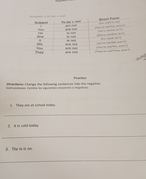 Practice 
Directions: Change the following sentences into the negative. 
Instrucciones: Cambia las siguientes oraciones a negativas. 
1. They are at school today. 
_ 
2. It is cold today. 
_ 
3. The tv is on. 
_