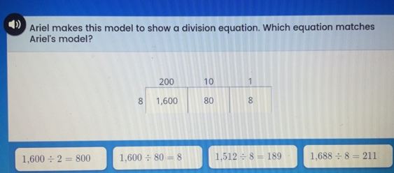 Ariel makes this model to show a division equation. Which equation matches
Ariel's model?
1.600/ 2=800 1.600/ 80=8 1,512/ 8=189 1,688/ 8=211