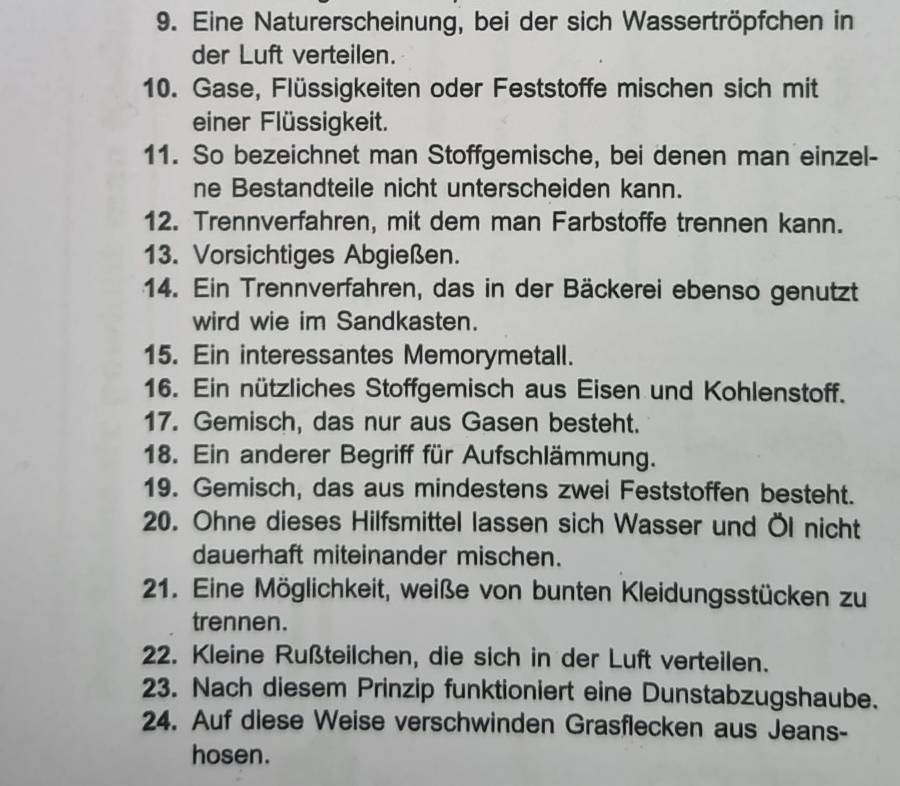 Eine Naturerscheinung, bei der sich Wassertröpfchen in 
der Luft verteilen. 
10. Gase, Flüssigkeiten oder Feststoffe mischen sich mit 
einer Flüssigkeit. 
11. So bezeichnet man Stoffgemische, bei denen man einzel- 
ne Bestandteile nicht unterscheiden kann. 
12. Trennverfahren, mit dem man Farbstoffe trennen kann. 
13. Vorsichtiges Abgießen. 
14. Ein Trennverfahren, das in der Bäckerei ebenso genutzt 
wird wie im Sandkasten. 
15. Ein interessantes Memorymetall. 
16. Ein nützliches Stoffgemisch aus Eisen und Kohlenstoff. 
17. Gemisch, das nur aus Gasen besteht. 
18. Ein anderer Begriff für Aufschlämmung. 
19. Gemisch, das aus mindestens zwei Feststoffen besteht. 
20. Ohne dieses Hilfsmittel lassen sich Wasser und Öl nicht 
dauerhaft miteinander mischen. 
21. Eine Möglichkeit, weiße von bunten Kleidungsstücken zu 
trennen. 
22. Kleine Rußteilchen, die sich in der Luft verteilen. 
23. Nach diesem Prinzip funktioniert eine Dunstabzugshaube. 
24. Auf diese Weise verschwinden Grasflecken aus Jeans- 
hosen.