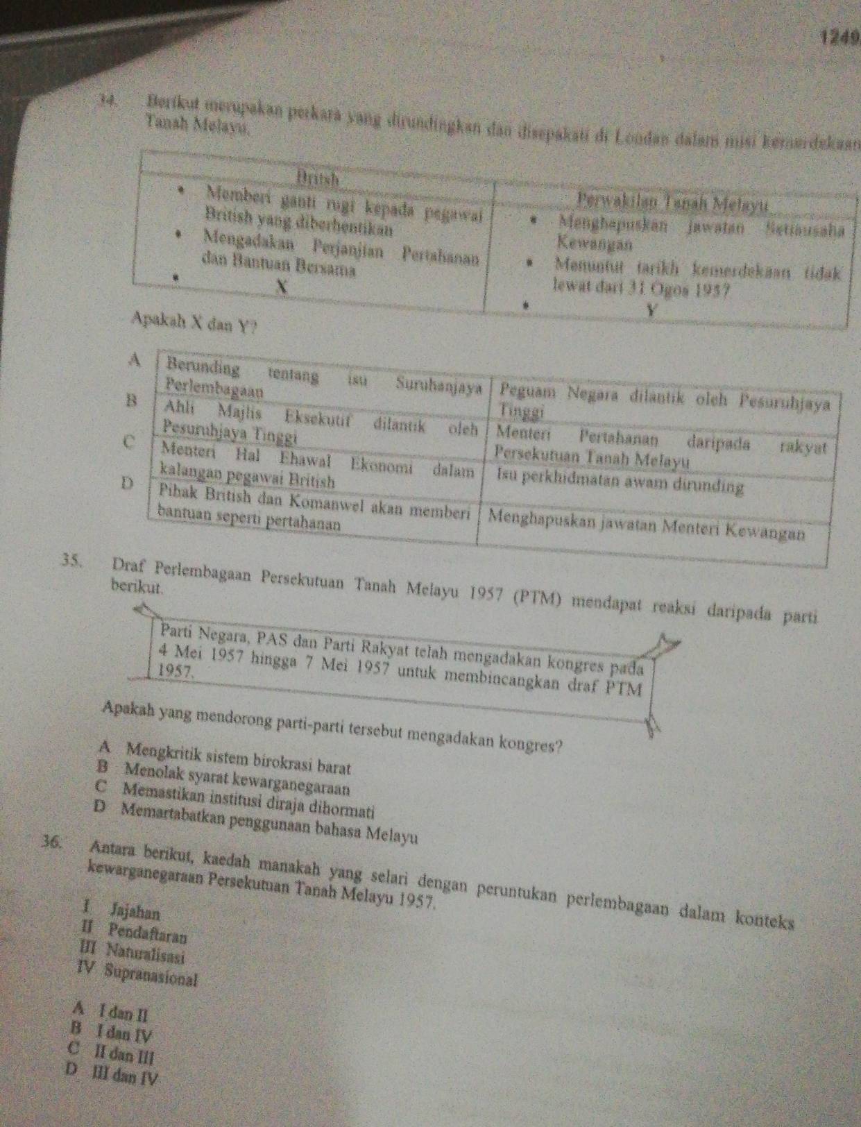 1249
34. Berikut merupakan perkara yang dirundingkan dan disepakati di Londan dan
Tansh Melayu.
35agaan Persekutuan Tanah Melayu 1957 (PTM) mendapat reaksí daripada parti berikut.
Partí Negara, PAS dan Partí Rakyat telah mengadakan kongres pada
4 Mei 1957 hingga 7 Mei 1957 untuk membincangkan draf PTM
1957.
Apakah yang mendorong parti-parti tersebut mengadakan kongres?
A Mengkritik sistem birokrasi barat
B Menolak syarat kewarganegaraan
C Memastikan institusi diraja dihormati
D Memartabatkan penggunaan bahasa Melayu
36. Antara berikut, kaedah manakah yang selari dengan peruntukan perlembagaan dalam konteks
kewarganegaraan Persekutuan Tanah Melayu 1957.
I Jajahan
II Pendaftaran
III Naturalisasi
IV Supranasional
A I dan Il
B I dan IV
C II dan III
D III dan IV