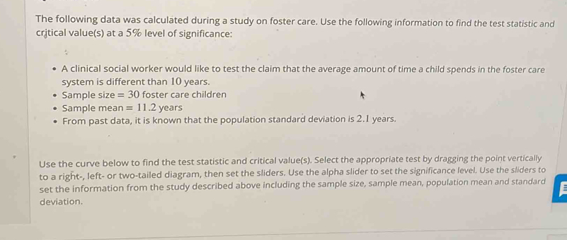 The following data was calculated during a study on foster care. Use the following information to find the test statistic and 
crjtical value(s) at a 5% level of significance: 
A clinical social worker would like to test the claim that the average amount of time a child spends in the foster care 
system is different than 10 years. 
Sample size =30 foster care children 
Sample mea n=11.2 years
From past data, it is known that the population standard deviation is 2.1 years. 
Use the curve below to find the test statistic and critical value(s). Select the appropriate test by dragging the point vertically 
to a right-, left- or two-tailed diagram, then set the sliders. Use the alpha slider to set the significance level. Use the sliders to 
set the information from the study described above including the sample size, sample mean, population mean and standard 
deviation.