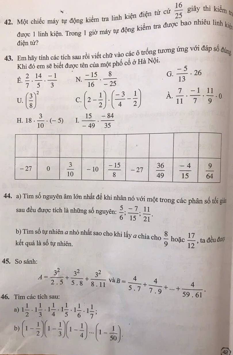 Một chiếc máy tự động kiểm tra linh kiện điện tử cứ  16/25  giây thì kiểm tr
được 1 linh kiện. Trong 1 giờ máy tự động kiểm tra được bao nhiêu linh kiện
điện tử?
43. Em hãy tính các tích sau rồi viết chữ vào các ô trống tương ứng với đáp số đúng
Khi đó em sẽ biết được tên của một phố cổ ở Hà Nội.
É.  2/7 ·  14/5 ·  (-1)/3  N.  (-15)/16 ·  8/-25 
G.  (-5)/13 · 26
U. ( 3/8 )^2 C. (2- 1/2 )· ( (-3)/4 - 1/2 ) À.  7/11 ·  (-1)/7 ·  11/9 · 0
H. 18·  3/10 · (-5) I.  15/-49 ·  (-84)/35 
44. a) Tìm số nguyên âm lớn nhất để khi nhân nó với một trong các phân số tối giản
sau đều được tích là những số nguyên:  5/6 ; (-7)/15 ; 11/21 .
b) Tìm số tự nhiên a nhỏ nhất sao cho khi lấy a chia cho  8/9  hoặc  17/12  , ta đều đượ
kết quả là số tự nhiên.
45. So sánh:
A= 3^2/2.5 + 3^2/5.8 + 3^2/8.11  và B= 4/5.7 + 4/7.9 +...+ 4/59.61 .
46. Tìm các tích sau:
a) 1 1/2 · 1 1/3 · 1 1/4 · 1 1/5 · 1 1/6 · 1 1/7 ;
b) (1- 1/2 )(1- 1/3 )(1- 1/4 )...(1- 1/50 ).
42