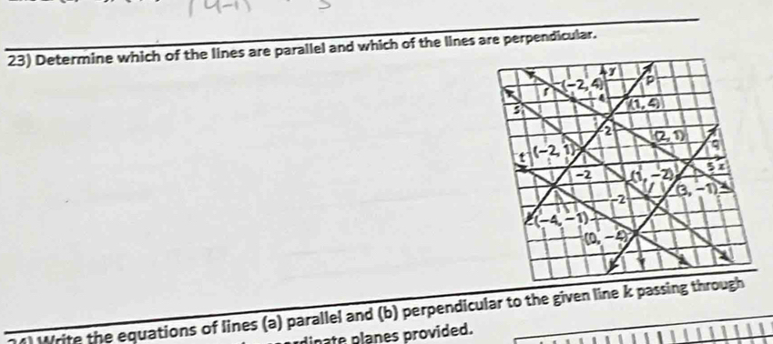 Determine which of the lines are parallel and which of the lines are perpendicular.
24 Write the equations of lines (a) parallel and (b) perpendicular to the given line k passi
dinate planes provided.