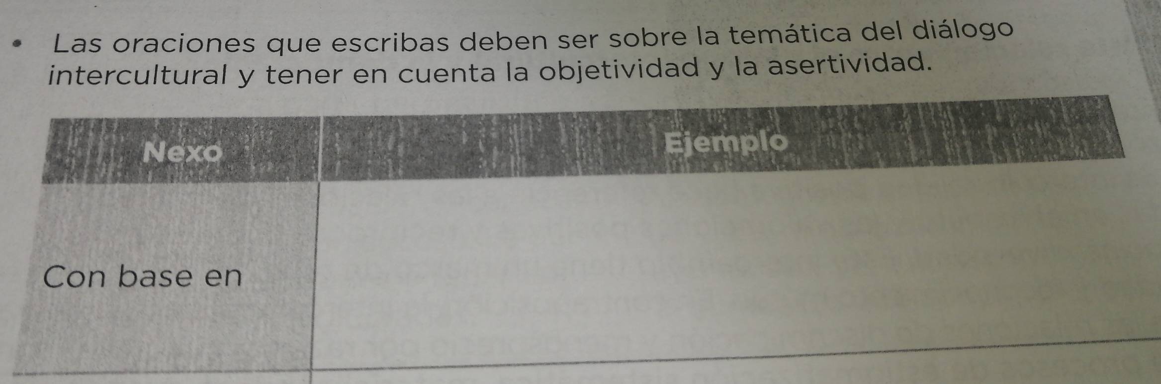 Las oraciones que escribas deben ser sobre la temática del diálogo 
intercultural y tener en cuenta la objetividad y la asertividad.