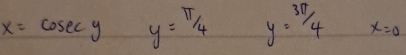 x=cosec y y=frac /4 y=3π /4 x=0