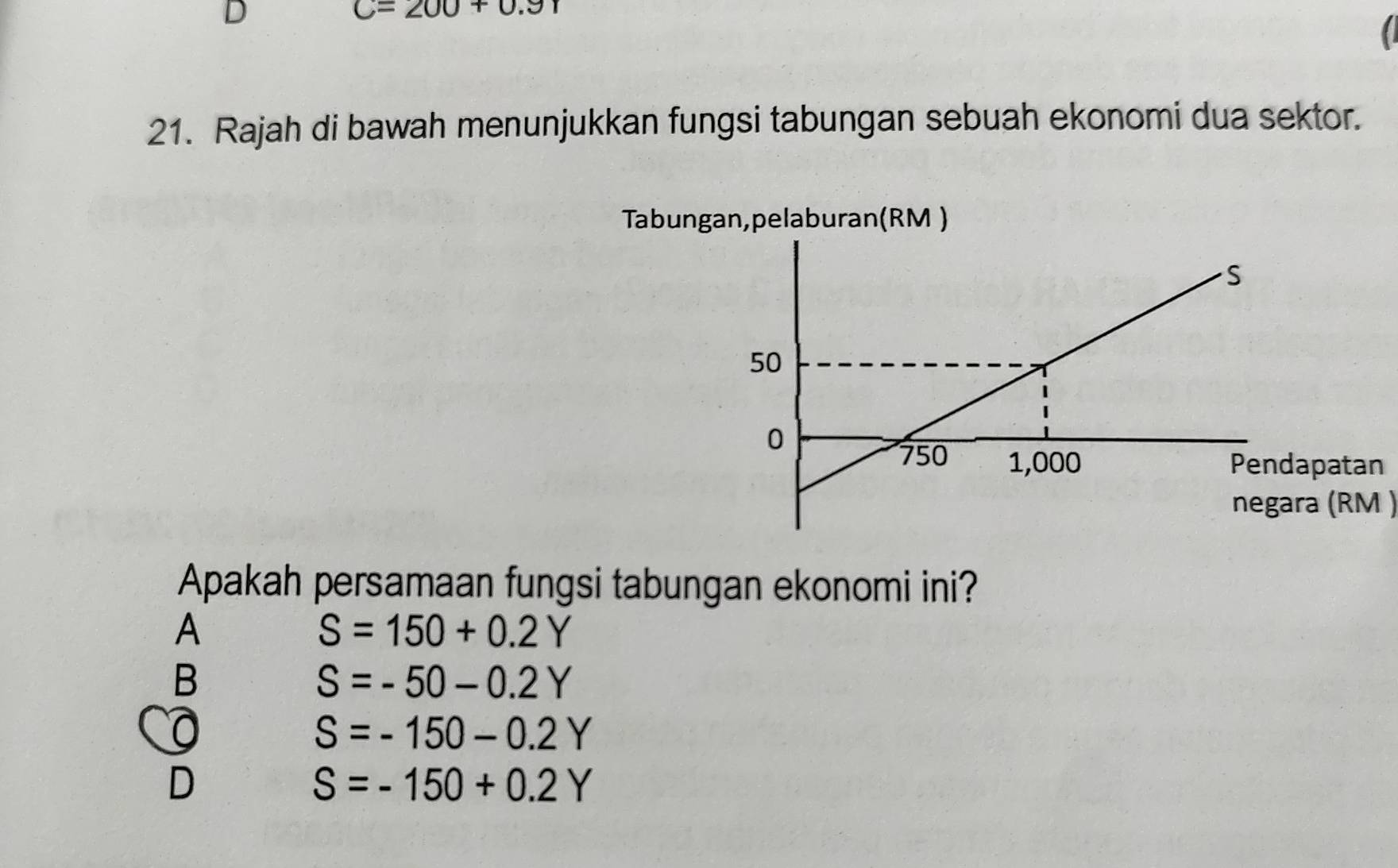 C=200+0.91

21. Rajah di bawah menunjukkan fungsi tabungan sebuah ekonomi dua sektor.
Tabungan,pelaburan(RM )
n
negara (RM )
Apakah persamaan fungsi tabungan ekonomi ini?
A
S=150+0.2Y
B
S=-50-0.2Y
0
S=-150-0.2Y
D
S=-150+0.2Y