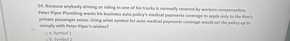 Because anybody driving or riding in one of his trucks is normally covered by workers compensation,
Peter Piper Plumbing wants his business auto policy’s medical payments coverage to apply only to the firm’s
private passenger autos. Using what symbol for auto medical payments coverage would set the policy up to
comply with Peter Piper’s wishes?
a. Symbol 1
b. Symbol 2