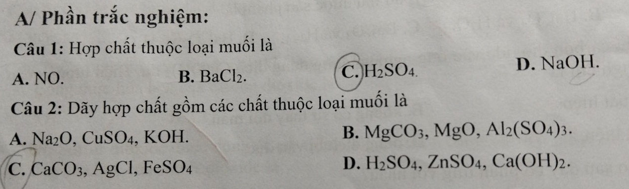 A/ Phần trắc nghiệm:
Câu 1: Hợp chất thuộc loại muối là
A. NO. B. BaCl_2. D. NaOH.
C. H_2SO_4. 
Câu 2: Dãy hợp chất gồm các chất thuộc loại muối là
A. Na_2O. , CuSO_4 , KOH.
B. MgCO_3, MgO, Al_2(SO_4)_3.
C. CaCO_3, AgCl, FeSO_4
D. H_2SO_4, ZnSO_4, Ca(OH)_2.