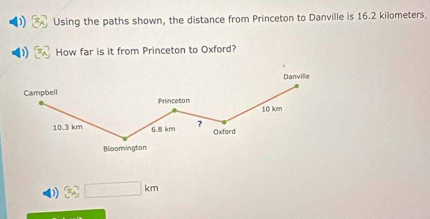 Using the paths shown, the distance from Princeton to Danville is 16.2 kilometers.
How far is it from Princeton to Oxford?
D 3y□ km