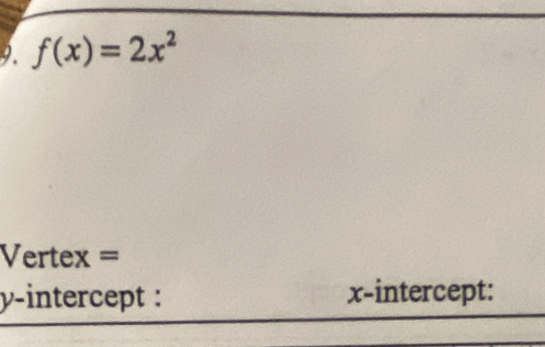 f(x)=2x^2
Vertex = 
y-intercept : x-intercept: