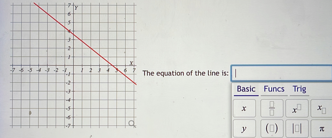 he equation of the line is: 
Basic Funcs Trig
x  □ /□   x^(□) x
y (□ |□ | π