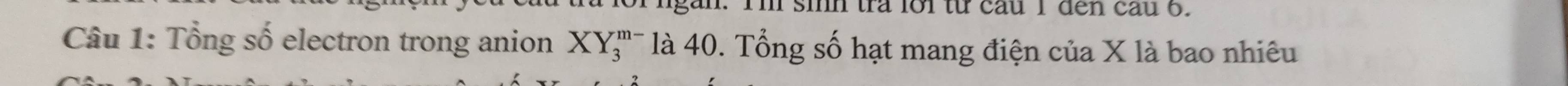 Tm sinh tra lới từ cầu 1 đen cau 6. 
Câu 1: Tổng số electron trong anion XY_3^(m-) là 40. Tổng số hạt mang điện của X là bao nhiêu