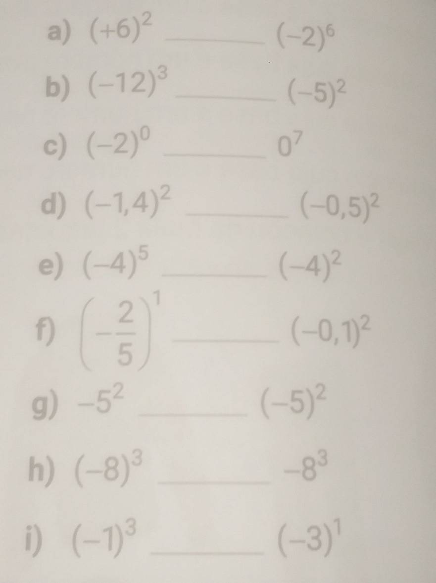 (+6)^2 _
(-2)^6
b) (-12)^3 _
(-5)^2
c) (-2)^0 _ 0^7
d) (-1,4)^2 _ (-0,5)^2
e) (-4)^5 _ (-4)^2
f) (- 2/5 )^1 _ (-0,1)^2
g) -5^2 _ (-5)^2
h) (-8)^3 _ -8^3
i) (-1)^3 _ (-3)^1