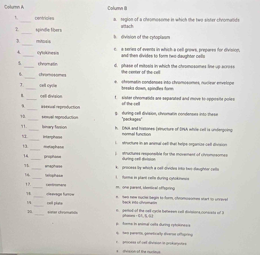 Column A Column B
1._ centrioles a. region of a chromosome in which the two sister chromatids
attach
_
2. spindle fibers
b. division of the cytoplasm
_
3. mitosis
c. a series of events in which a cell grows, prepares for division,
4. _cytokinesis and then divides to form two daughter cells
5. _chromatin d. phase of mitosis in which the chromosomes line up across
6. chromosomes
the center of the cell
_
e. chromatin condenses into chromosomes, nuclear envelope
7. _cell cycle breaks down, spindles form
8. _cell division f. sister chromatids are separated and move to opposite poles
of the cell
_
9. asexual reproduction
g. during cell division, chromatin condenses into these
10. _sexual reproduction "packages"
11. _binary fission h. DNA and histones (structure of DNA while cell is undergoing
normal function
_
12 interphase
i structure in an animal cell that helps organize cell division
_
13. metaphase
J. structures responsible for the movement of chromosomes
14. _prophase during cell division
15 _anaphase k. process by which a cell divides into two daughter cells
16. _telophase I. forms in plant cells during cytokinesis
17. _centromere m. one parent, identical offspring
18 _cleavage furrow n two new nuclei begin to form, chromosomes start to unravel
_
19. cell plate back into chromatin
_
20. sister chromatids
o. period of the cell cycle between cell divisions consists of 3
phases - G1, S. G2
p. forms in animal cells during cytokinesis
q. two parents, genetically diverse offspring
r. process of cell division in prokaryotes
s division of the nucleus