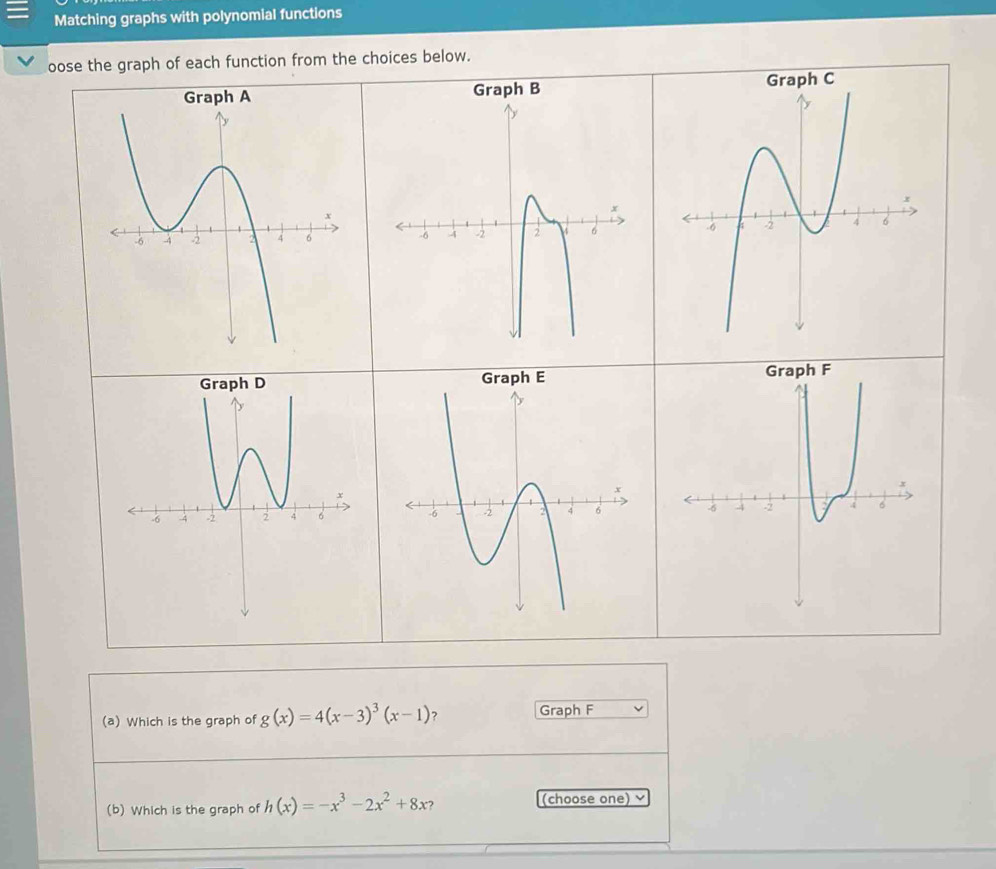 Matching graphs with polynomial functions 
oose the graph of each function from the choices below. 
(a) Which is the graph of g(x)=4(x-3)^3(x-1) ? Graph F 
(b) Which is the graph of h(x)=-x^3-2x^2+8x (choose one) ~