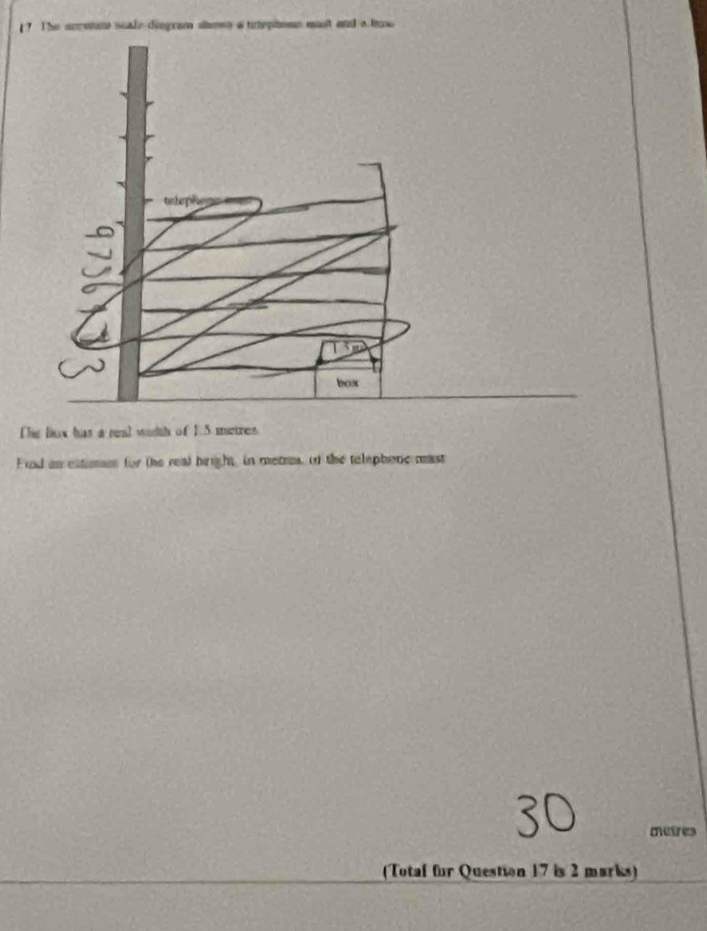 The accotne scale dingram shows a ttephomn mast and a tros 
The lox has a real wodth of 1.5 metres
Find an extimn for the real hright, in metres, if the telephene mast
metres
Total for Question 17 is 2 marks)