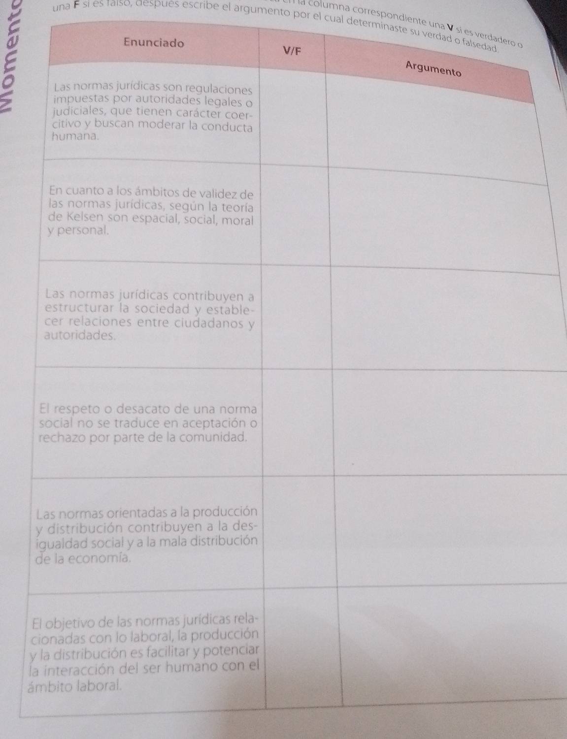 mna correspondiente una V sí es verd 
una F si es taíso, después escribe el argumento por el cual determinaste su verd 
E 
c
y
l
á